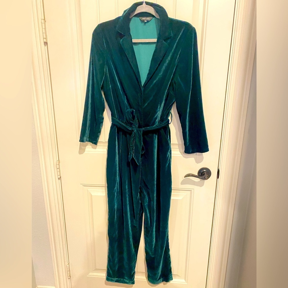 New Look Emerald Green Velour Jumpsuit, Sz 14, Vintage Glam Dressy One Piece